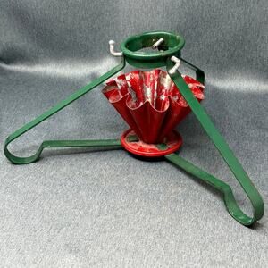 Vintage Metal Christmas Tree Stand Green Legs Red Scalloped Base 2.5" Diameter